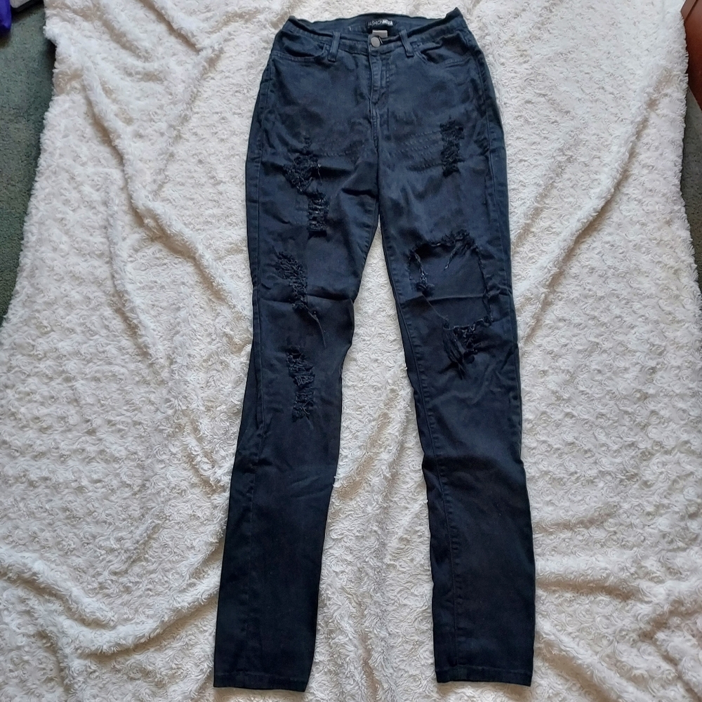 Fashion Nova Black Distressed Stretch Straight Leg Jeans 5/26 Grunge